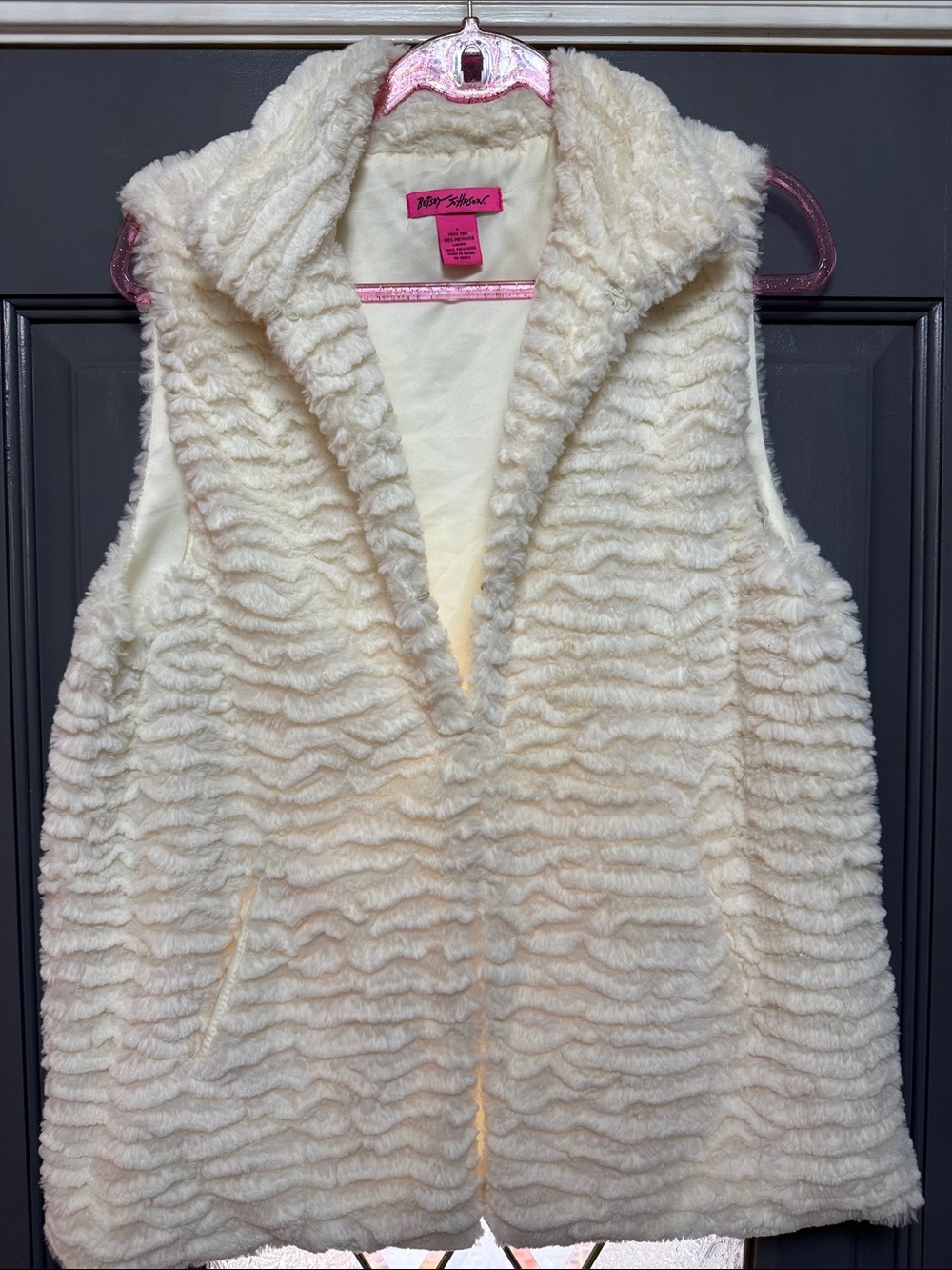 Betsey Johnson Cream Faux Fur Hooded Vest with Pink Label